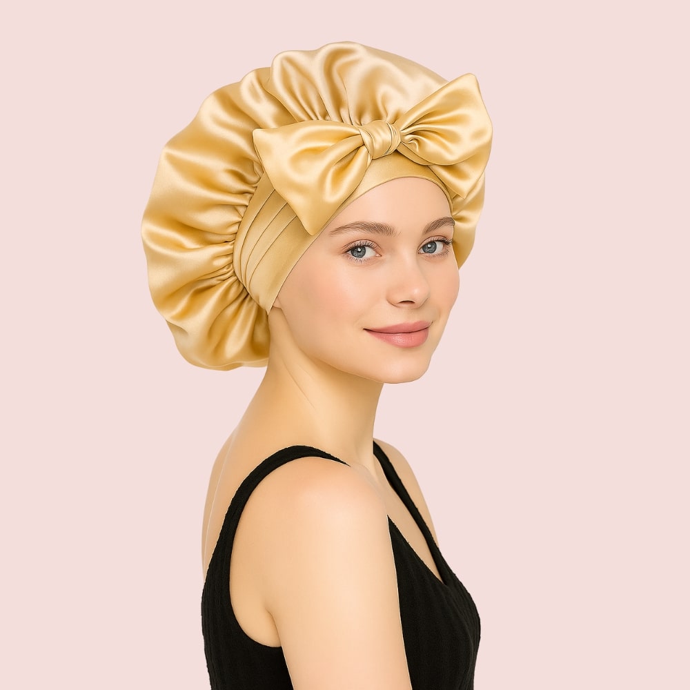 Bonnet en satin — porté